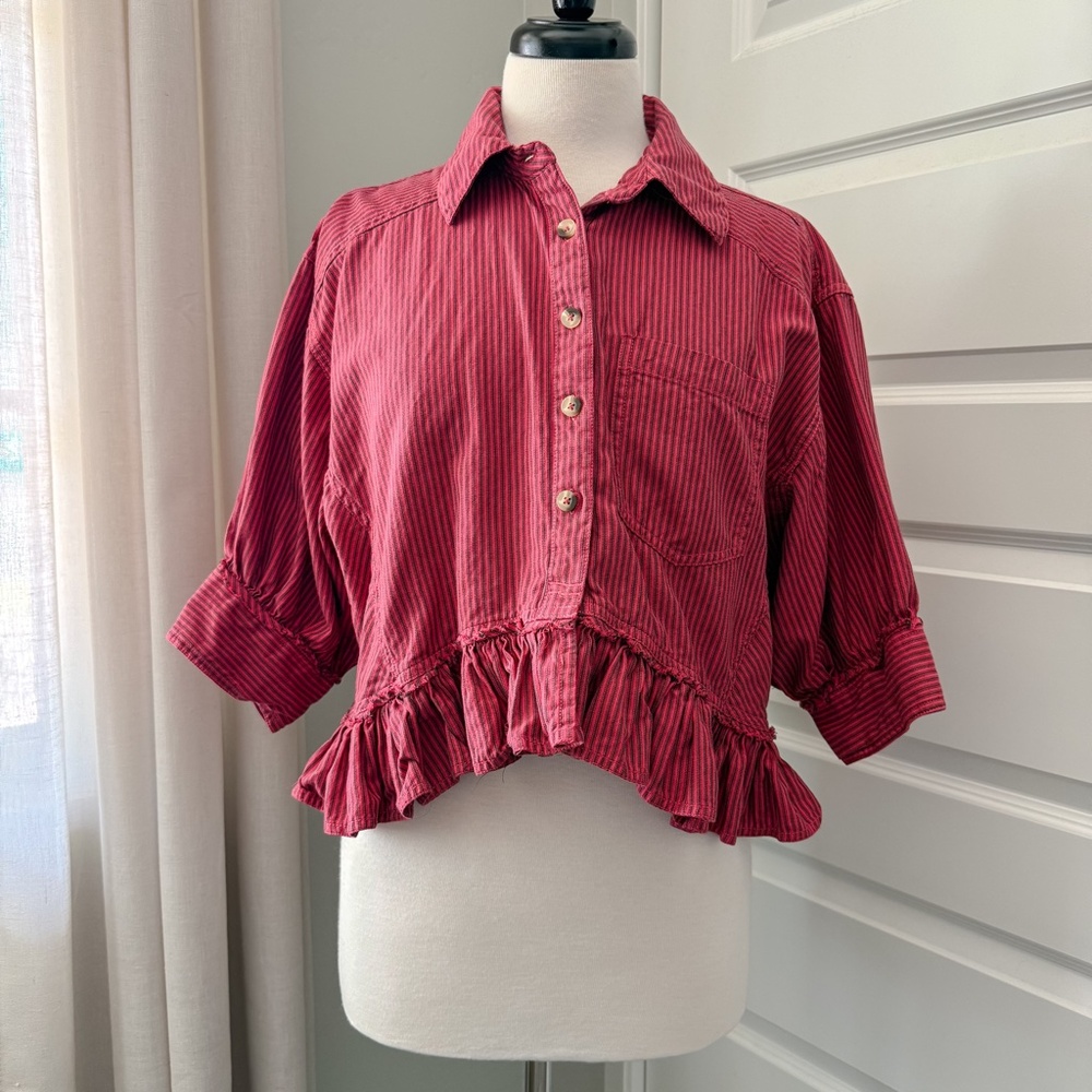 We The Free Raspberry Red Ruffled Button-Down Shirt - Picture 2 of 7
